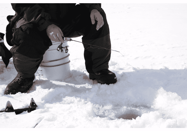 ice angler sitting on bucket with ice rod and reel