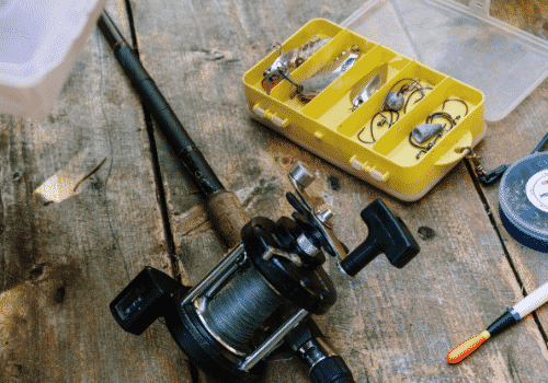 fishing reel and bait on plank