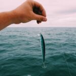 hand holding fish lure against open sea